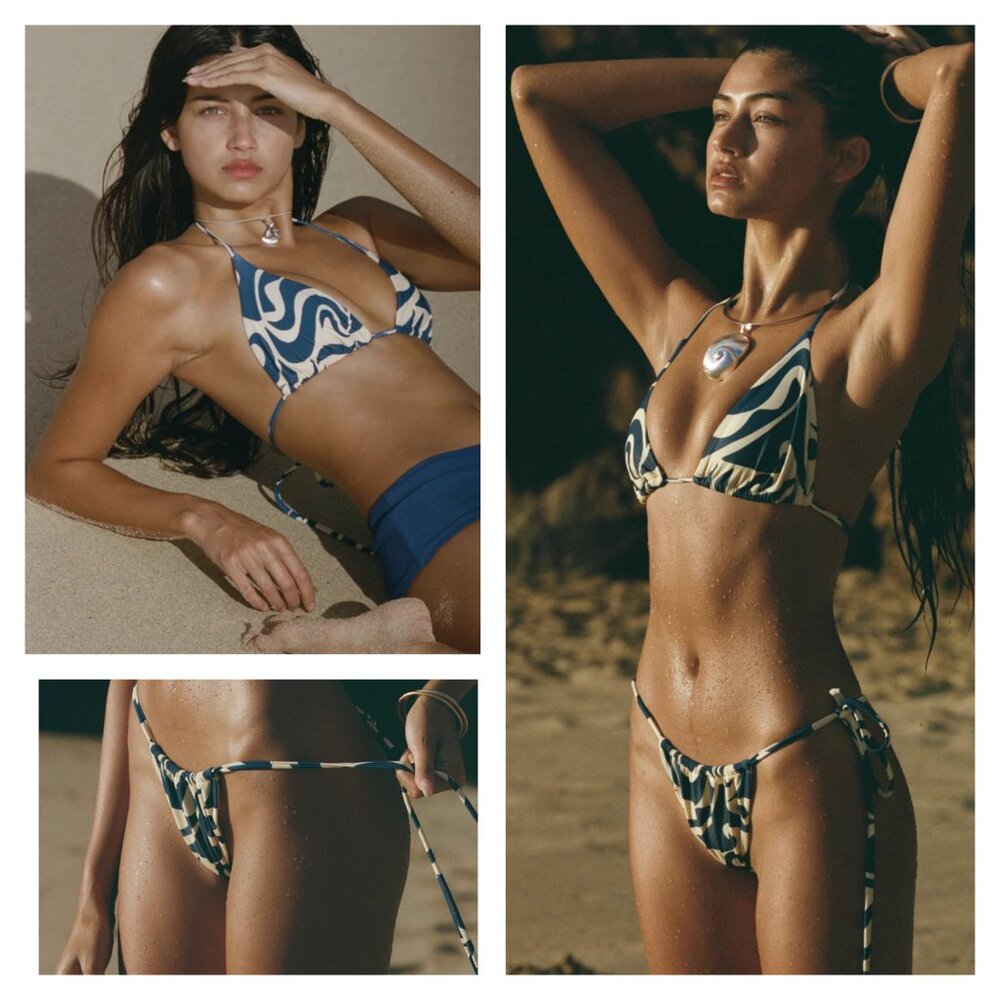 ABYSSE XL String Bikini Bottoms Pacific Print Blue Swirl Misty Brazilian Cut